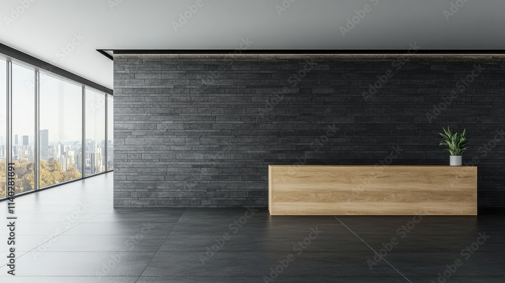 Poster modern minimalist office space with elegant reception desk and view