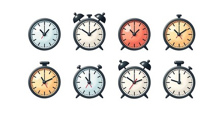Collection of Vintage Alarm Clock Illustrations in Various Colors and Designs Perfect for Time Management and Retro Themes