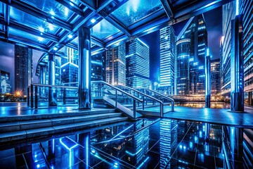 Fototapeta premium Blue Metal Night Photography: Steel Reflections, Cyberpunk Cityscape, Neon Lights, Dark Blue, Metallic Textures, Night Scene, Urban Photography