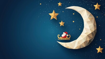 Santa Sleigh on Crescent Moon Christmas Night Scene