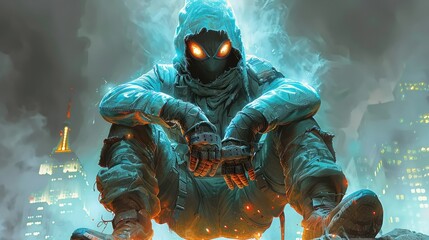 A mysterious figure in a glowing hoodie sits amidst a cityscape, exuding an electrifying aura.