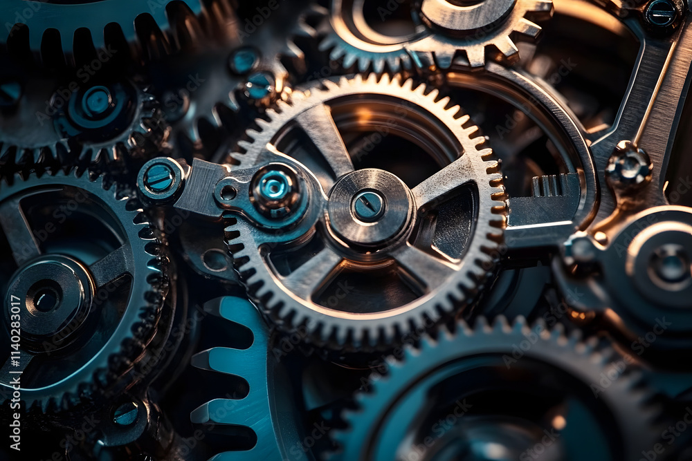 Poster close-up of interlocking metal gears representing teamwork and precision