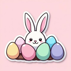 Fototapeta premium peeking bunny heads from under pastel colored eggs on a pastel background