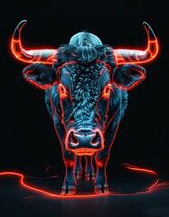 a serious bull with big horns in a red and blue tint , on a black background