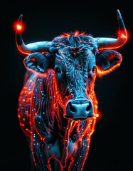 a serious bull with big horns in a red and blue tint , on a black background