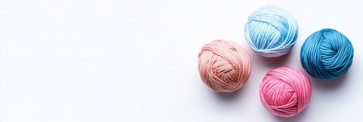 Fototapeta premium Pink Brown Blue Yarn Balls for Knitting Crocheting, Top View with Copy Space on White Background. Vector Illustration.