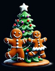 elegant decorated gingerbread men on a background of fir branches on a black background, festive Christmas atmosphere and decorations