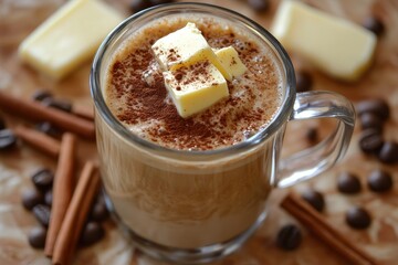 Cinnamon infused bulletproof coffee with grass fed butter in a glass cup