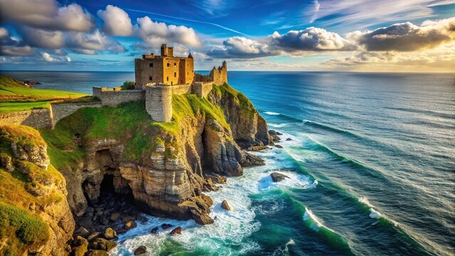 Silhouette coastal castle on majestic cliffside overlooking ocean