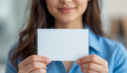 a white card is shown by an office lady in blue, focus the camera only on the paper part