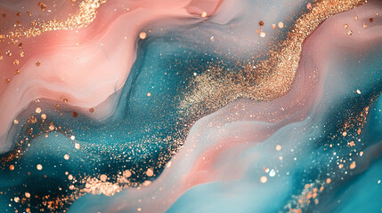 Obraz premium Teal, peach, and pink hues with shimmering gold and silver accents, blending glitter and bokeh textures in a stunning design 