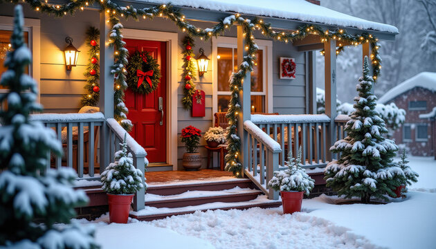 

Festively decorated winter porch with wreath and lights in snowy setting