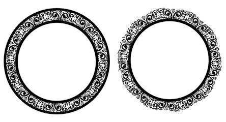 Two Decorative Black Colored Circular Frames With Intricate Swirling Patterns Vintage Ornate Style