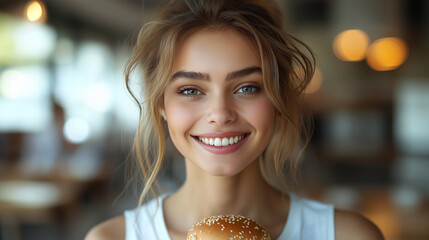 Portrait of happy woman holding big tasty burger in hands and smiling at camera