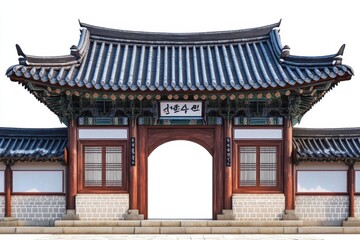 Fototapeta premium Classic curved doorway of an ancient Korean structure on a white backdrop