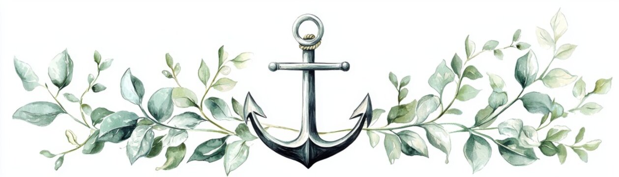 A beautifully illustrated anchor surrounded by lush green leaves, symbolizing stability and nature's harmony.