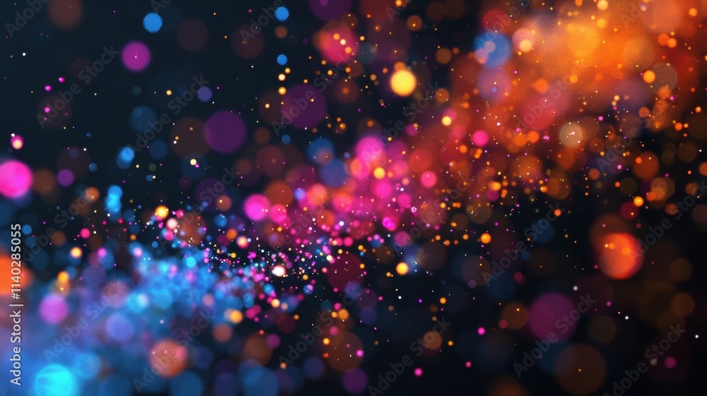 Poster colorful particles swirling and flowing on dark background, creating a mesmerizing bokeh effect, per