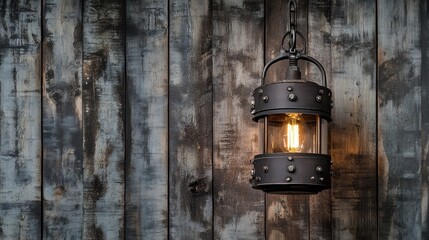 Vintage Lantern Hanging Against Rustic Wooden Wall Background