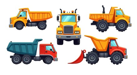 Colorful Construction Trucks Illustration Set Featuring Various Dump Trucks and Attachments for Kids' Learning and Educational Use