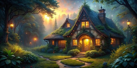 Obraz premium Silhouette Enchanting Fairytale Cottage with Illuminated Windows in Mystical Landscape