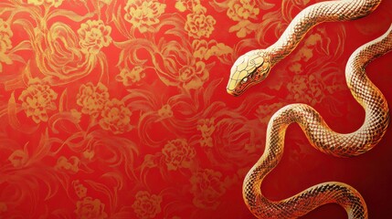 Obraz premium Golden snake against red floral background for cultural celebration
