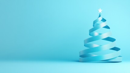Christmas tree made of blue ribbon with elegant star on festive background creates copy space for your text for greeting card