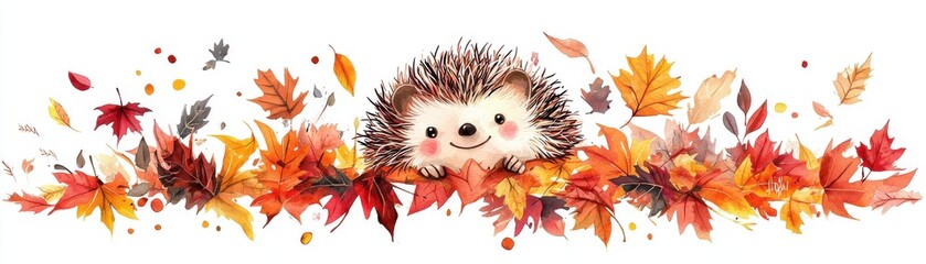 A cute hedgehog peeks through colorful autumn leaves, representing the charm of wildlife in fall.