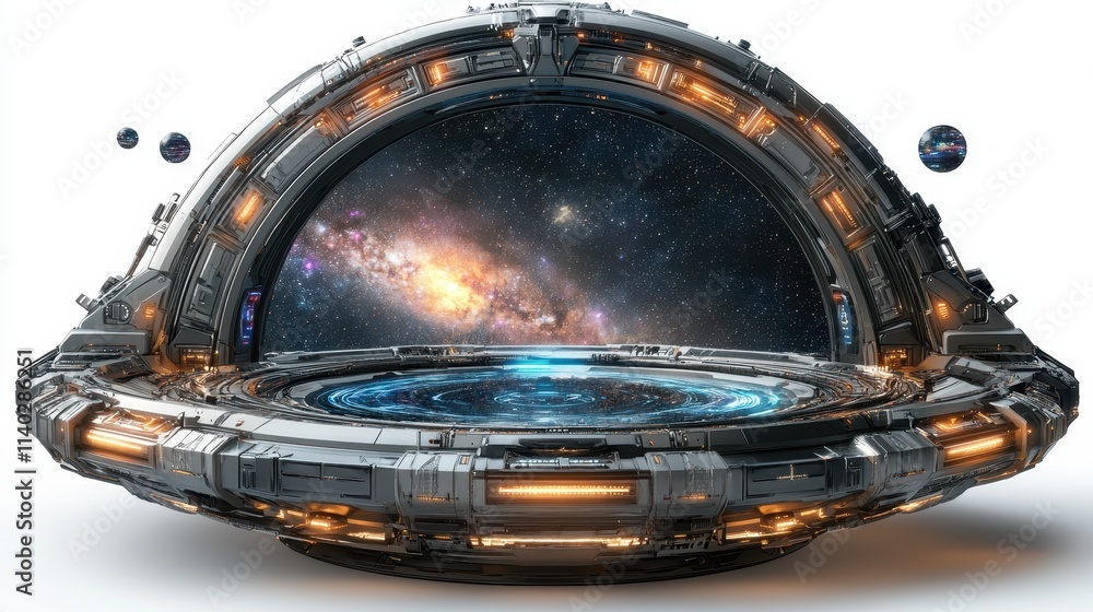 Poster a futuristic spacecraft with a view of a galaxy through a large window.