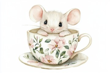 A cute white mouse peeking from a floral teacup, creating a charming and whimsical scene perfect for adorable animal lovers.