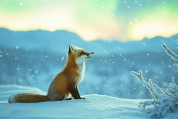 A serene winter scene featuring a majestic fox sitting quietly in the snow, surrounded by a breathtaking landscape.