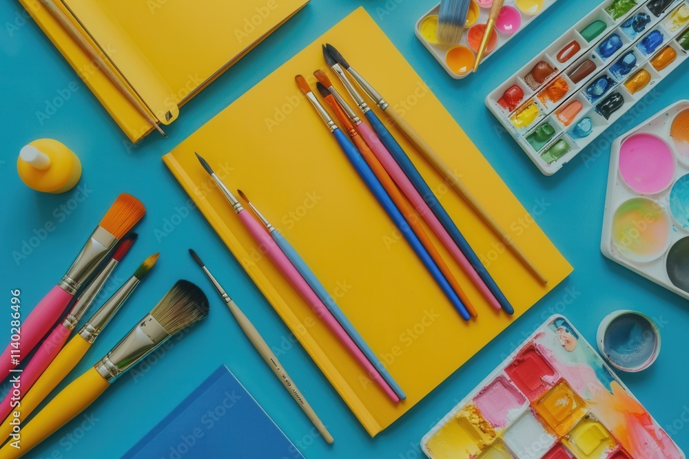 Poster Creative workspace filled with brushes paints and sketchbooks for artistic projects. Generative AI