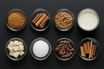 Components of Dalgona coffee against a dark backdrop instant coffee anise cinnamon sugar milk Flat lay with text area Close up view