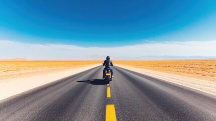 A lone motorcyclist riding on an empty desert highway under a clear blue sky, evoking freedom and adventure.