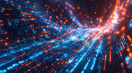 Fototapeta premium Abstract Digital Data Stream Flowing Network of Blue and Orange Light Particles