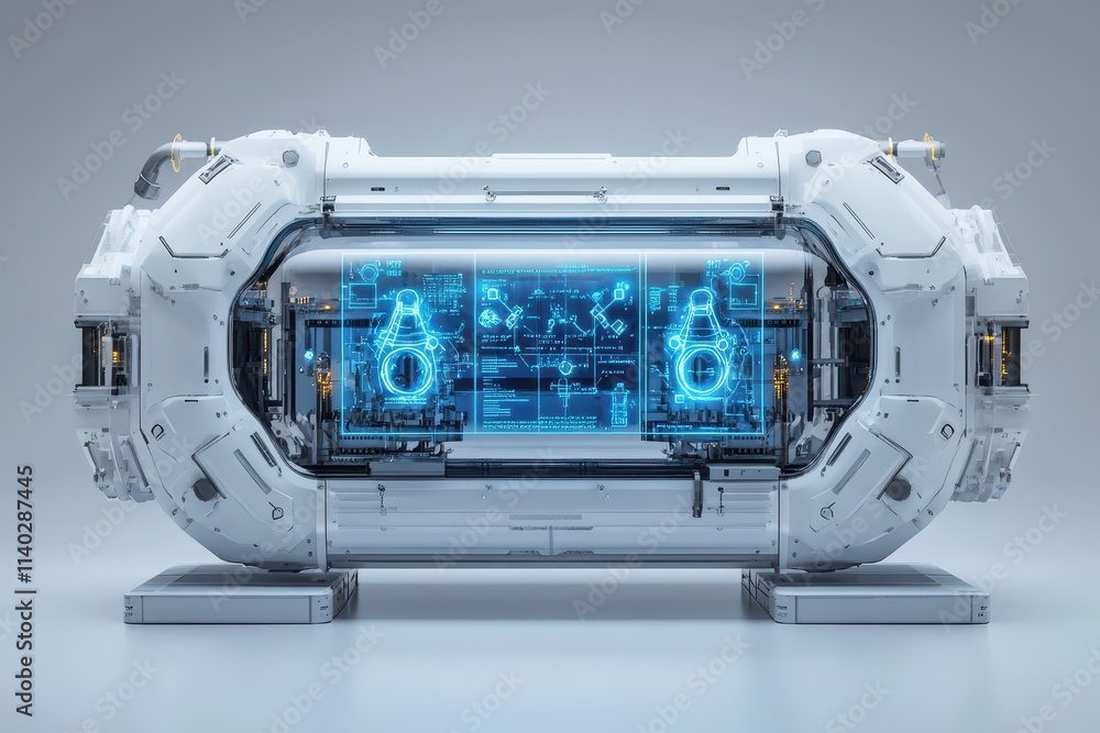 Poster futuristic capsule with transparent displays and glowing interfaces.