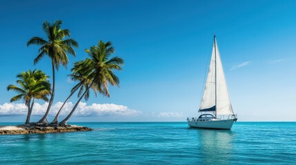 A serene sailboat gliding through turquoise waters near lush palm trees under a clear blue sky, perfect for tropical relaxation.