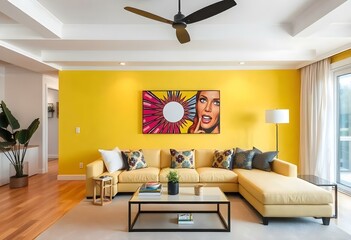 living area with yellow sofa and pop  wall art