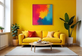 living area with yellow sofa and pop  wall art