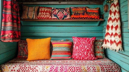 Colorful Interior of a Gypsy Caravan with Textiles