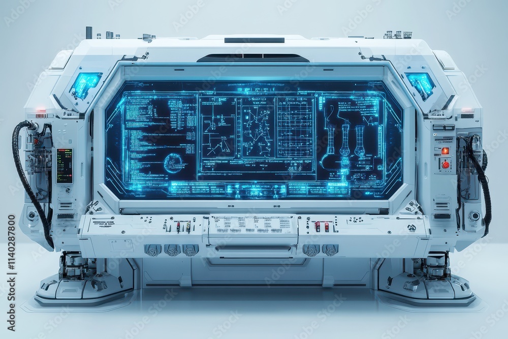 Poster futuristic control console with blue holographic display and technical data.