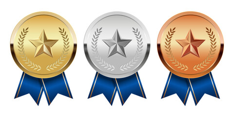 Golden silver and bronze award medal with blue ribbons and star for sport and games