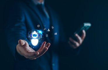 Business IoT AI automation concept, businessman with virtual Artificial Intelligence automation...