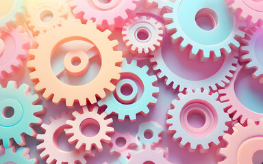 Abstract interlocking gears, glowing and pulsating softly in vibrant pastel tones
