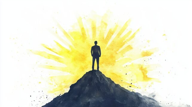 A silhouette of a person standing triumphantly on a peak, illuminated by a radiant sun, symbolizing achievement and inspiration.