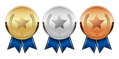 Golden silver and bronze award medal with blue ribbons and star for sport and games