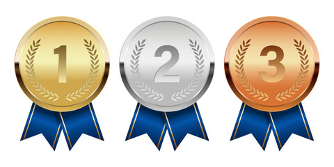 Golden silver and bronze award medal with blue ribbons for sport and games