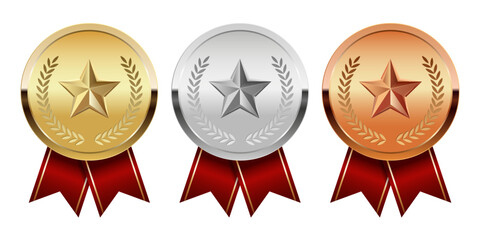 Golden silver and bronze award medal with red ribbons and star for sport and games
