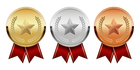 Golden silver and bronze award medal with red ribbons and star for sport and games
