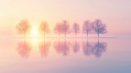 Serene landscape featuring trees silhouetted against a soft sunrise, reflecting in calm waters, evoking tranquility and peace.