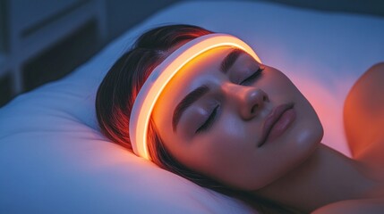 A person rests peacefully with a migraine relief device positioned on their forehead in a dimly lit room, promoting relaxation and comfort